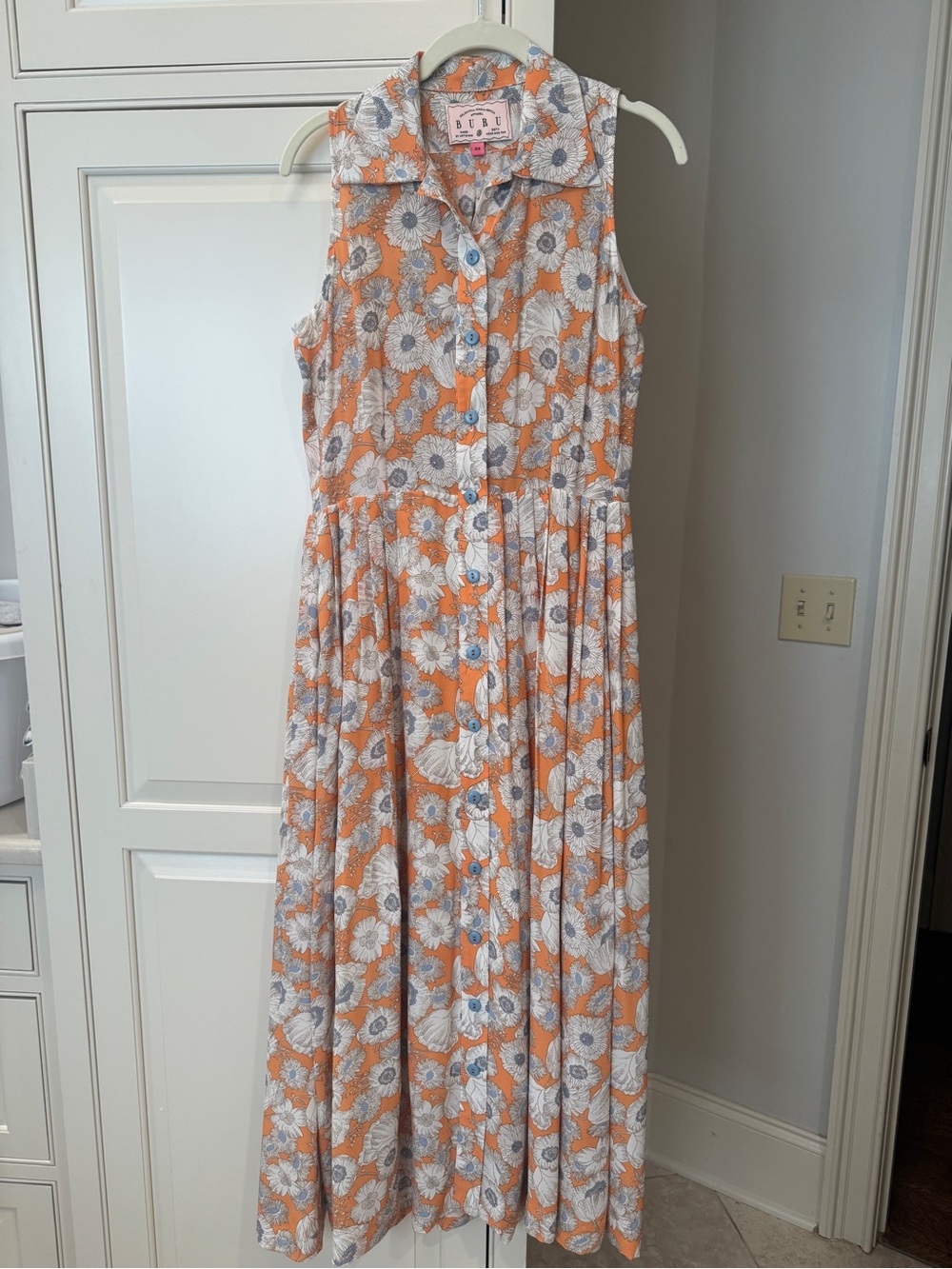Sleeveless Button-Front Floral Maxi Dress in Orange, Blue and White